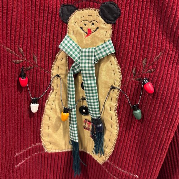 Vintage Ugly Christmas Sweater Cardigan, Red Corduroy Snowman Appliqué, Size XL - Picture 4 of 12